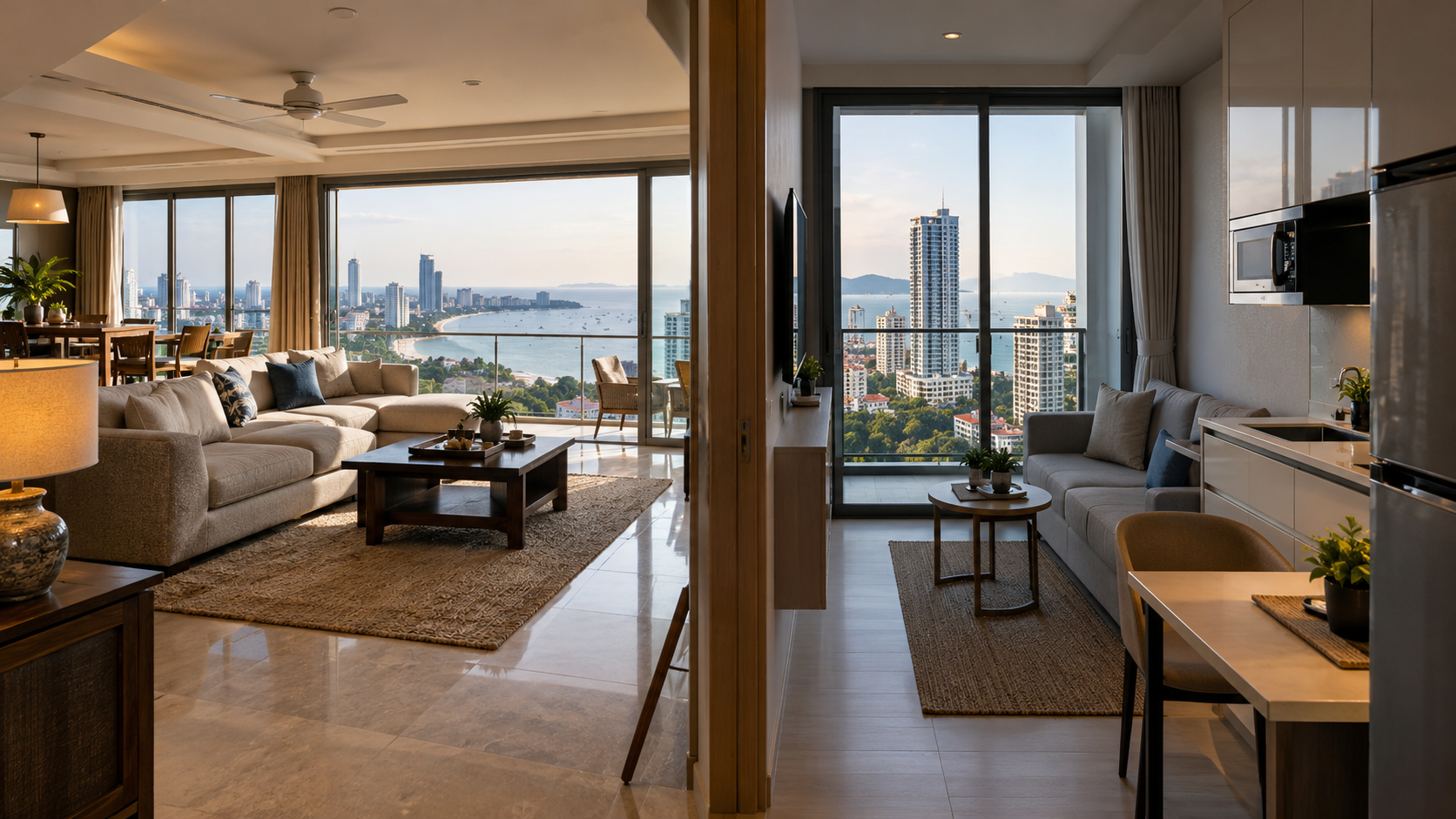 Spacious and compact Pattaya condominium interiors overlooking the coastline, illustrating changing apartment sizes and lifestyles. 